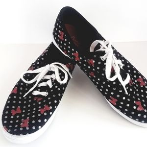 Disney Minnie Mouse Black and Silver Polka Dots Sneakers with Red Bows Size 8.5